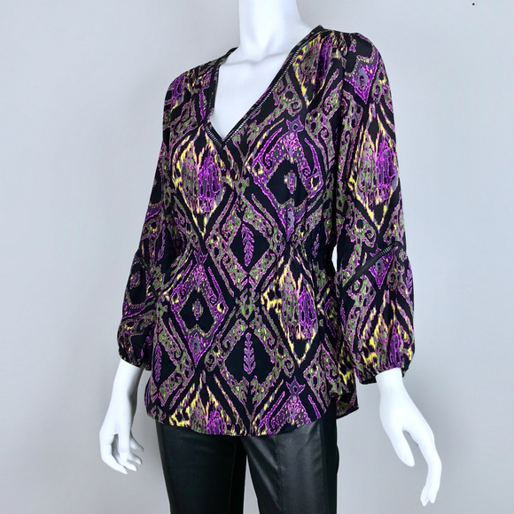 {Shoshanna} Midnight Ikat Print Silk V-Neck Blouse - Picture 2 of 7